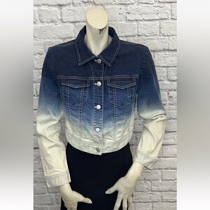 CHICO’S PLATINUM BLUE & WHITE OMBRÉ LONG SLEEVE CROPPED DENIM JACKET SIZE 0 (S)